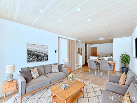 ���r���O�@������A�������`Living�`�@�Ƒ��̐H����c���̂ق��A�q�ǂ���V�΂�����A�F�l���������肷��LDK�͏Z�܂��̒��S�B�����ԉ߂����ꏊ������A���̋�Ԃ͏Z�܂��S�̂̋��S�n�����E���܂��B���Ƌ��CG�ł�